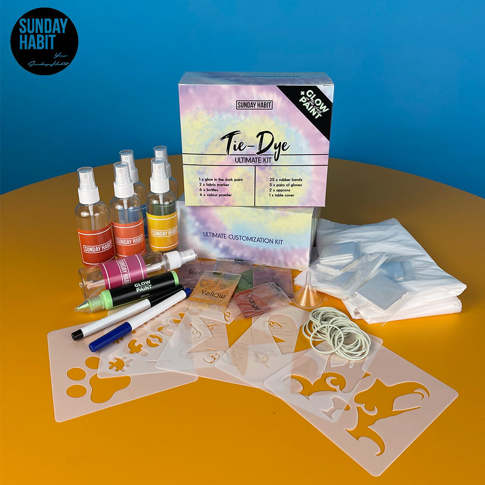 ULTIMATE TIE-DYE KIT – ΣΕΤ ΒΑΦΗΣ ΡΟΥΧΩΝ + ΜΑΡΚΑΔΟΡΟΙ ΥΦΑΣΜΑΤΩΝ + ΧΡΩΜΑ ΠΟΥ ΦΩΤΙΖΕΙ